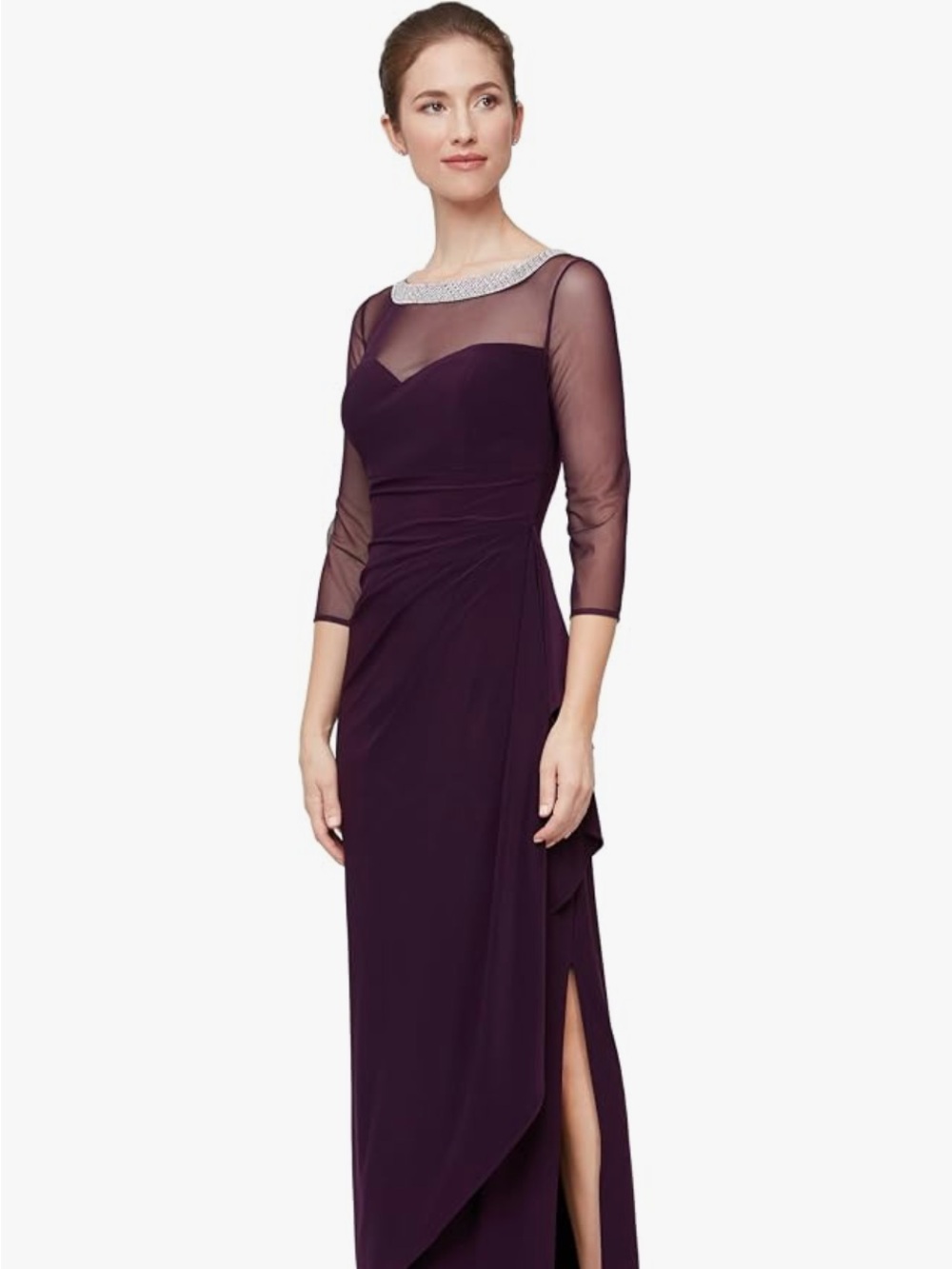 Alex Evenings Plum Illusion Neck Long Sleeve Maxi Dress